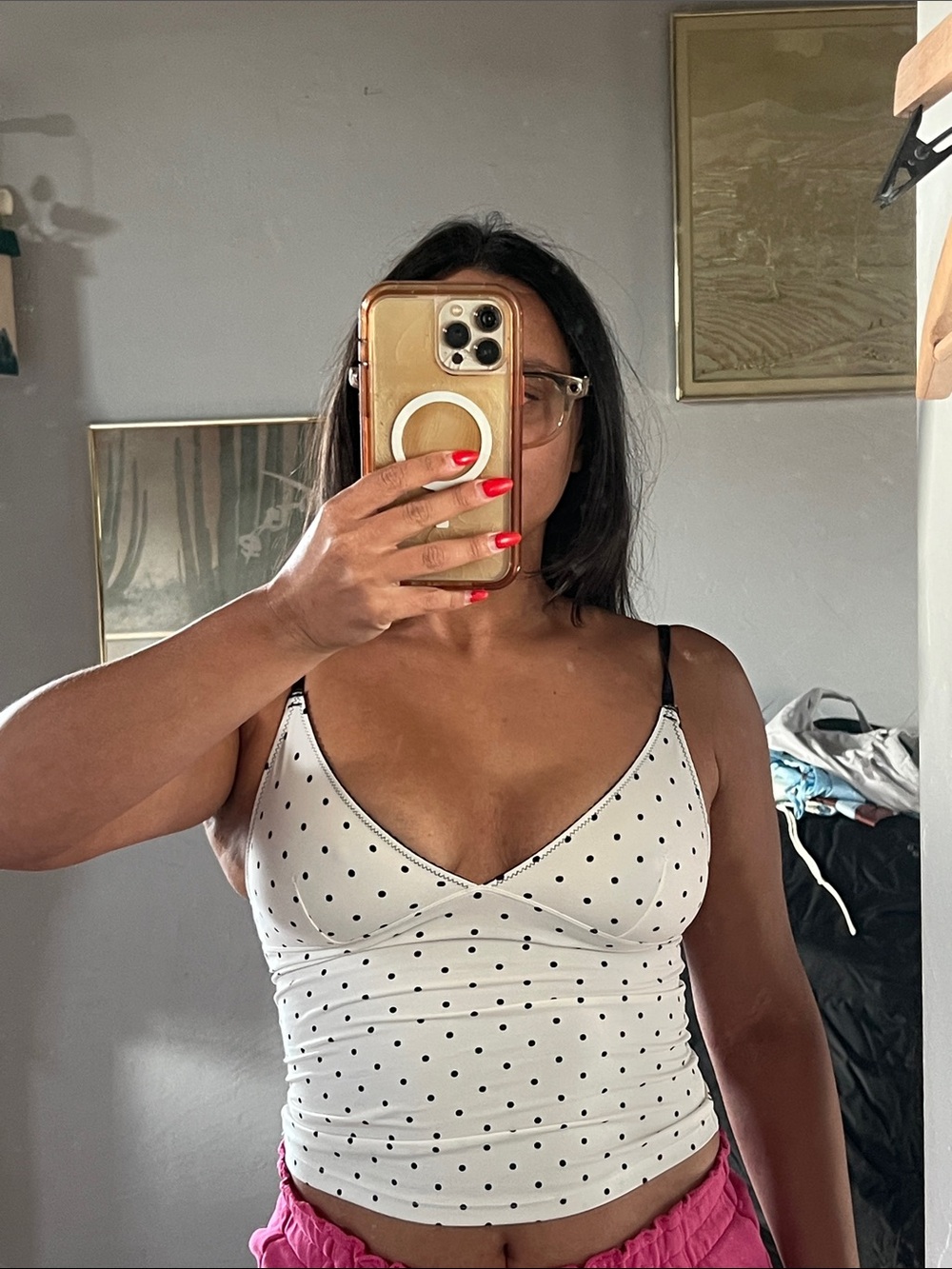 Urban Outfitters White Polka Dot V-Neck Cami with Black Dots
